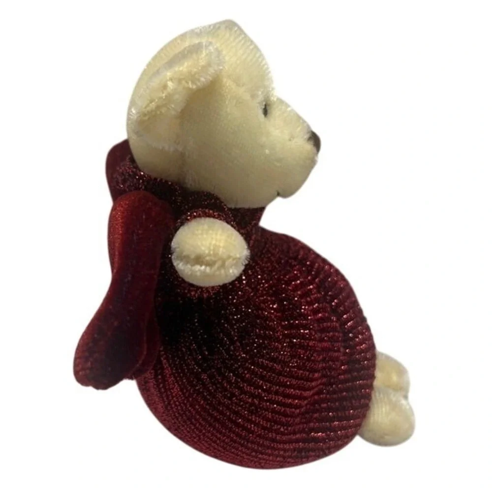 VTG Russ Small Angel Bear Christmas Ornament‎ Burgundy Dress & Wings